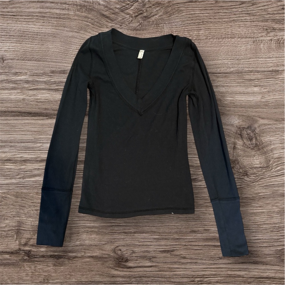 Free People Black Long Sleeve V-Neck Blouse
